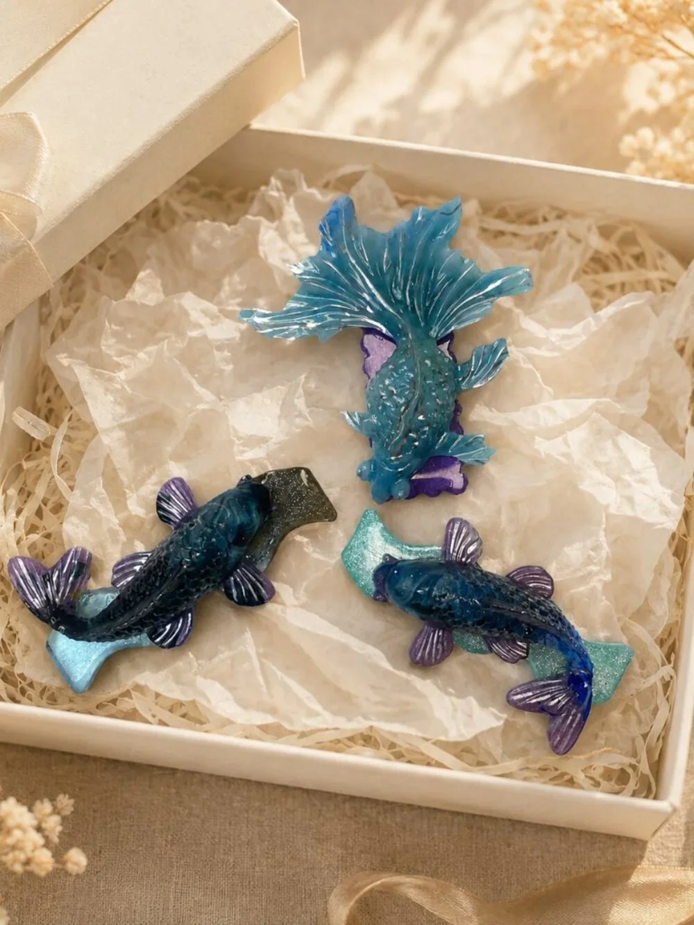 Handmade Resin Betta Koi Fish Hair Clips Trio, Sea Green Blue Purple Accents